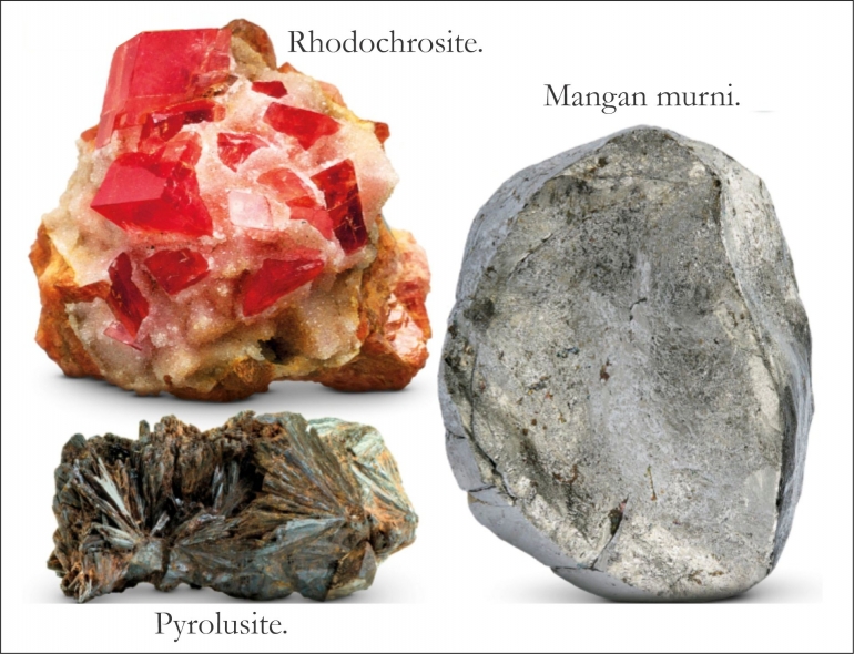 Rhodochrosite, Pyrolusite, dan Mangan murni. Sumber: buku Periodic Table Book - A Visual Encyclopedia, hlm. 58-59.
