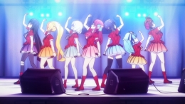 Franchouchou. Dari kiri: Tae, Saki, Junko, Sakura, Ai, Lily, Yuugiri. (Credit: Cygames, Avex Pictures, dugout, MAPPA)