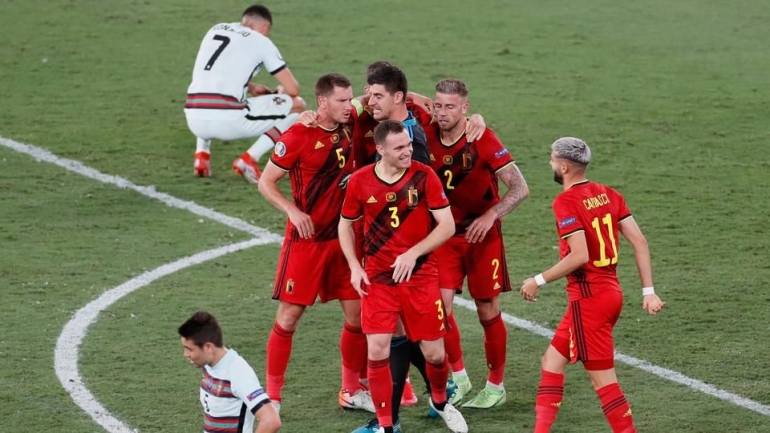 Belgia merayakan kemenangan atas Portugal. (via trtworld.com)