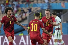 Para pemain Belgia merayakan gol ke gawang Portugal. Sumber foto: AFP/THANASSIS STAVRAKIS via Kompas.com