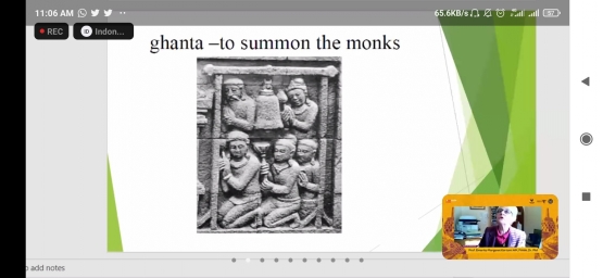 Penjelasan mengenai Ghanta oleh Prof Margaret Kartomi, narasumber konferensi internasional Sound of Borobudur. Dok : tangkapan layar zoom sound of Borobudur