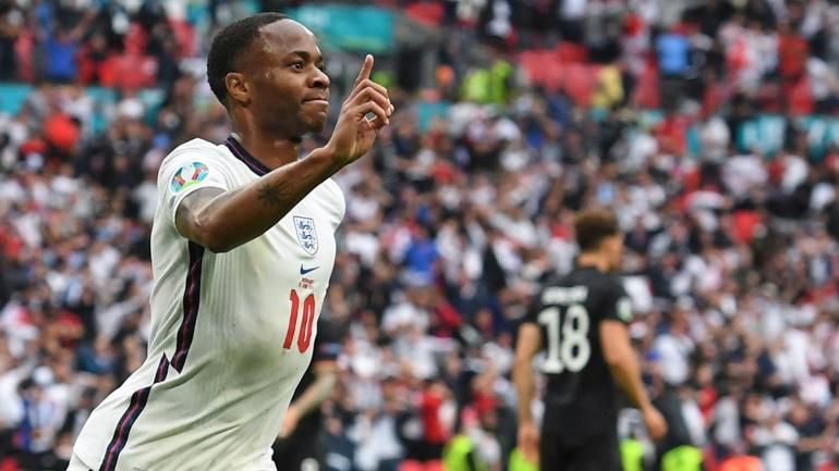 Raheem Sterling pencetak gol pertama Inggris ke gawang Jerman dalam Euro 2020 (Foto Skysports)