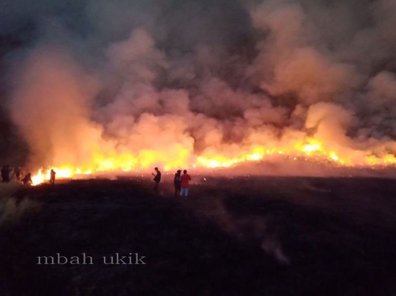 Bahu membahu memadamkan kebakaran padang rumput di kaldera Bromo. Dokpri