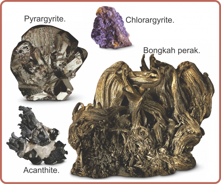 Bongkah perak dan mineral perak. Diadaptasi dari: buku Periodic Table Book - A Visual Encyclopedia, hlm. 84.