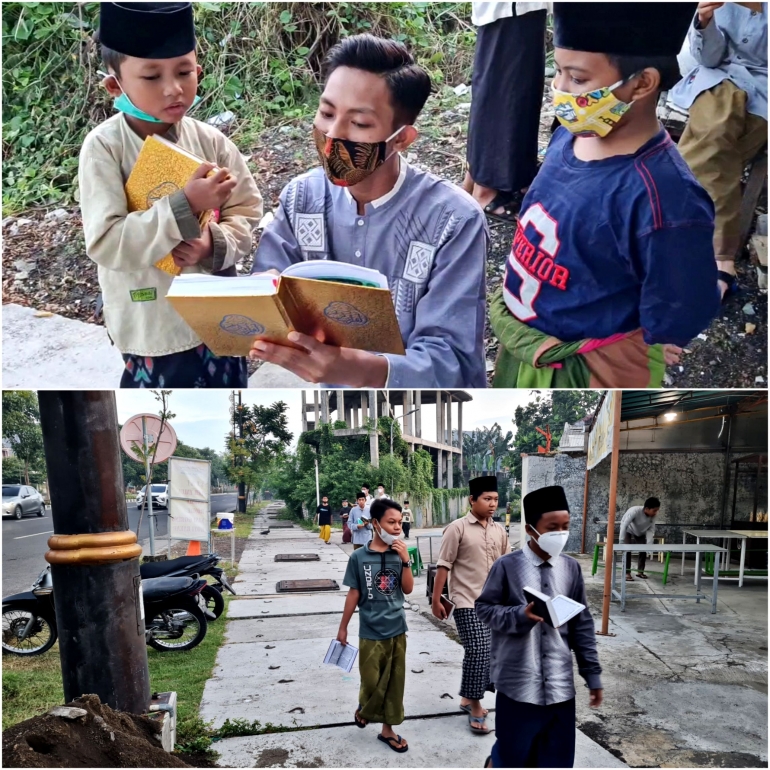 gambar atas pengajaran intensif ke anak di bawah umur 7 tahun dan gambar bawah potret saat santri melakukan kegiatan tersebut