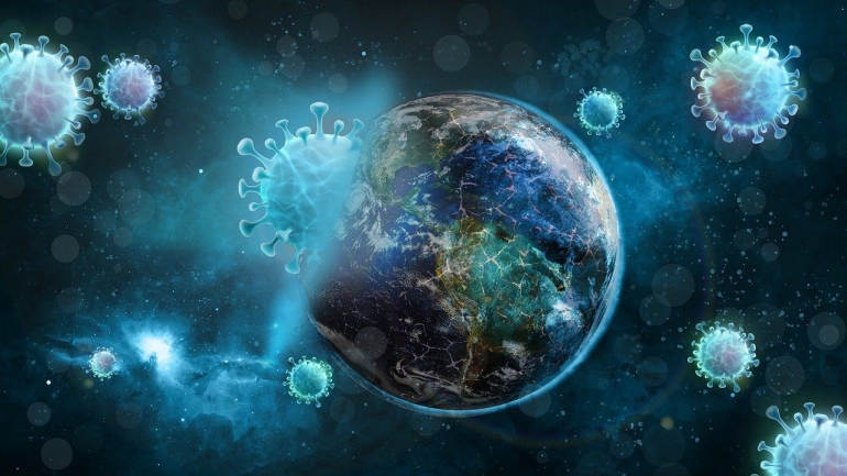 Ilustrasi Bumi yang sedang diserbu virus Covid-19. (Sumber: Alexandra Koch/Pixabay)