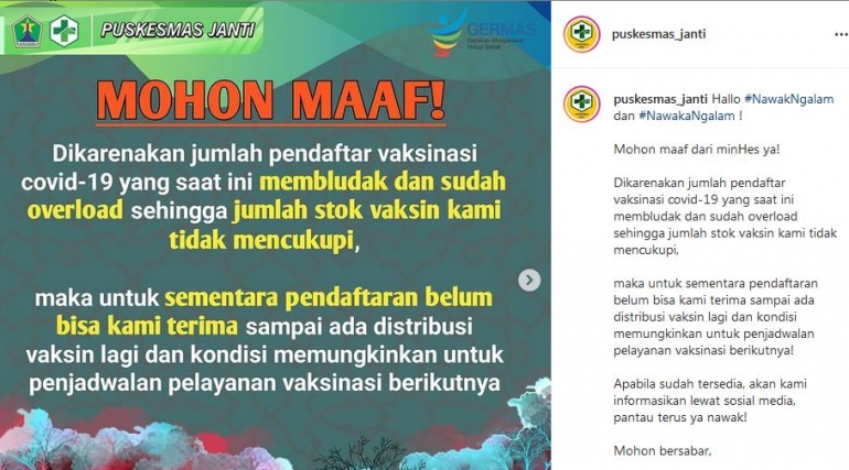 Pengumuman penutupan pendaftaran program vaksinasi. - Dok. Puskesmas Janti Malang