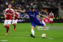 Giroud selalu berusaha menempatkan bola pada posisi tembak sedemikian rupa. Sumber: Chelsea FC via Gettyimages.fr