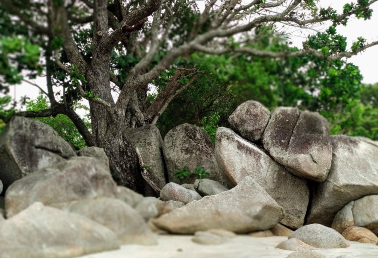Ilustrasi bebatuan granit sebagai ciri khas pantai-pantai di Kepulauan Bangka Belitung. (Dokumentasi Pribadi)