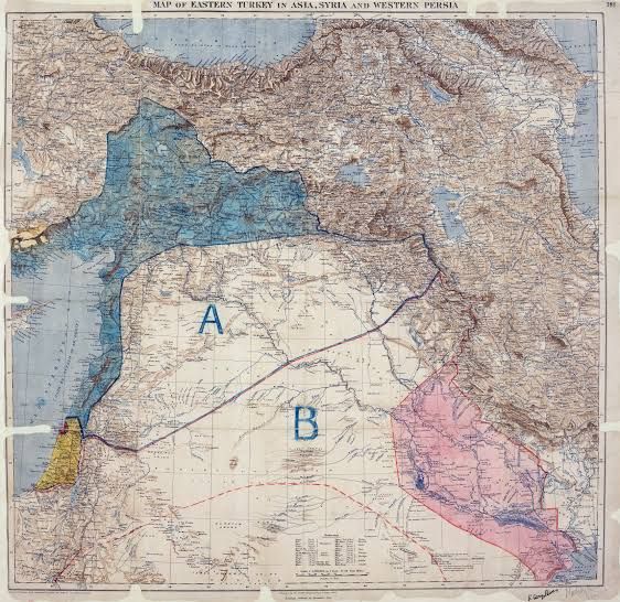 Peta rencana pembagian kawasan Timur Tengah antara Inggris dan Prancis, sumber gambar: Berkas:MPK1-426_Sykes_Picot_Ag
