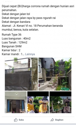 Salah satu rumah dijual di Bali lewat facebook market place_sumber : capture facebook