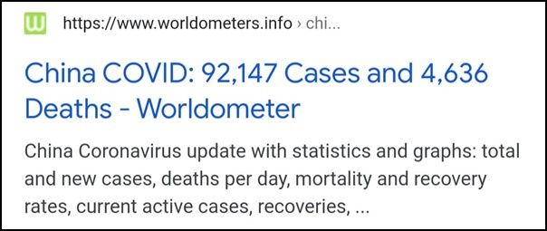 Kasus dan korban di Tiongkok yang sangat kecil (Tampilan layar worldometers.info)