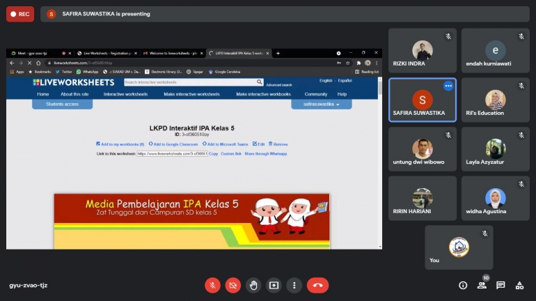 Pelatihan Liveworksheet secara online dengan guru dari SDN Kedungrejo 2 (Dokpri)