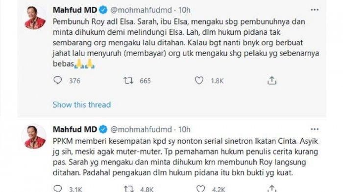 Tangkapan layar cuitan Mahfud MD yang mengkritik jalan cerita sinetron Ikatan Cinta (tribunnews.com).