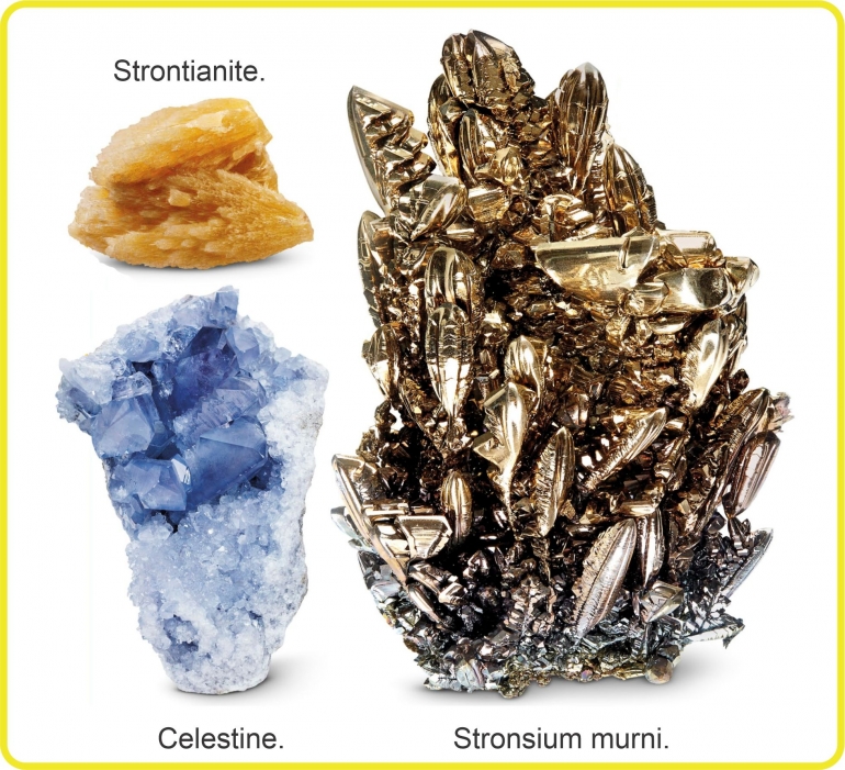 Stronsium murni dan mineral Strontianite dan Celestine. Diadaptasi dari: buku Periodic Table Book - A Visual Encyclopedia, hlm. 46.