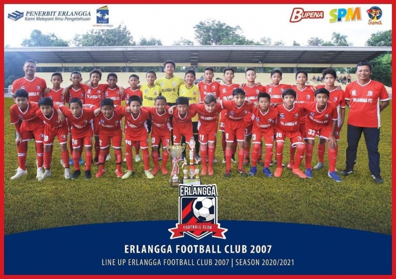 Para pemain Erlangga FA KU 2007 bersama pelatih. Sumber: Instagram @erlanggafootballclub