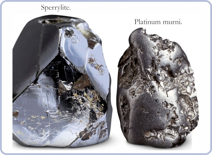 Mineral Sperrylite dan Platinum murni. Diadaptasi dari: buku Periodic Table Book - A Visual Encyclopedia, hlm. 94.
