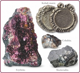 Kobalt murni dan mineral Erythrite, Cobaltite, dan Skutterudite. Diadaptasi dari: buku Periodic Table Book - A Visual Encyclopedia, hlm. 64-65.