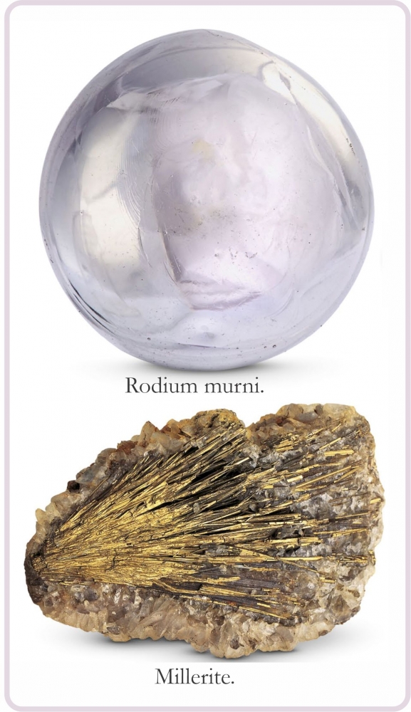 Rodium murni dan mineral Millerite. Diadaptasi dari: buku Periodic Table Book - A Visual Encyclopedia, hlm. 81.