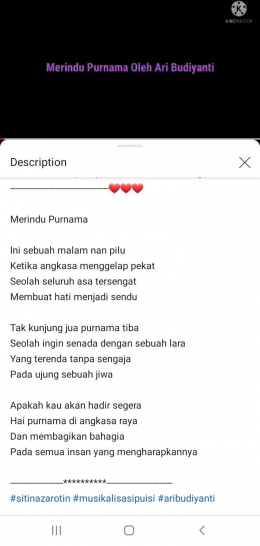 Puisi Merindu Purnama hasil tangkap layar youtube mbak Siti Nazarotin (dokpri)