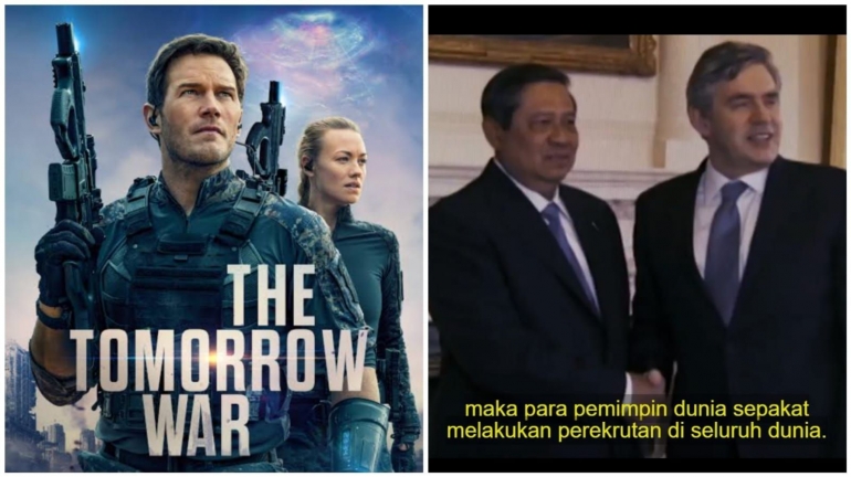 Kolase poster film The Tomorrow War dan adegan SBY bersalaman dengan (mantan) PM Inggris Gordon Brown (beritasubang.pikiran-rakyat.com/ Sugiharto).