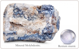 Mineral Molybdenite dan Renium murni. Diadaptasi dari buku: Periodic Table Book - A Visual Encyclopedia, hlm. 90.