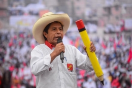 Pedro Castillo, kandidat presiden untuk partai Peru Libre, berbicara selama kampanye di Lima (Sumber: Bloomberg.com)