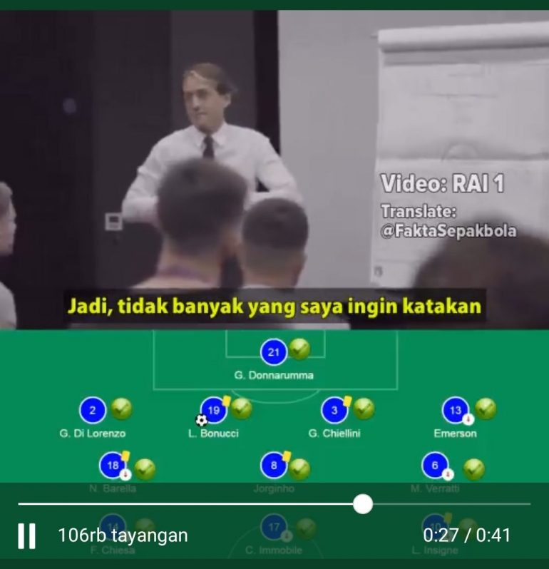 Tangkapan layar suasana meeting  Roberto Mancini bersama pemain Timnas Italia sebelum berlaga. Sumber gambar video RAI 1 dari akun twitter @FaktaSepak