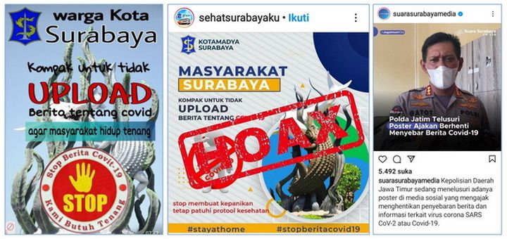 Kumpulan tangkapan layar berita (status WA, Instagram Dinkes Surabaya dan Suara Surabaya)