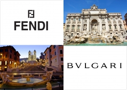 Trevi Fountain, Spanish Steps & Sponsor.| Kolase foto Sumber: Dokumentasi pribadi| Logo milik Fendi dan Bulgari 