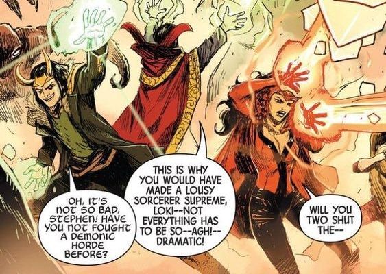 Doctor Strange, Loki dan Wanda saat bertarung bersama di komik. Sumber : Marvel Unlimited