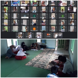 Mahasiswa sedang mendampingi peserta didik baru menggunakan media pembelajaran daring di Ruang DKM, Desa Tenjoraja/Dokpri