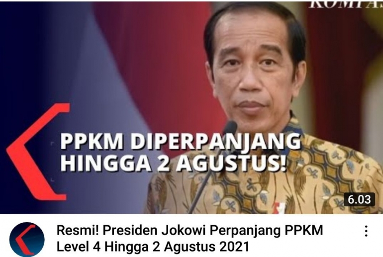 Foto : Pernyataan Presiden Joko Widodo mengenai PPKM Minggu 25 Juli 2021 di Istana Merdeka (tangkapan layar YouTube Kompas TV)