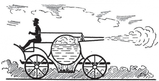 Mobil penemuan Newton yang digerakkan oleh uap. Sumber: buku Physics for Entertainment, Book 2, hlm. 24.