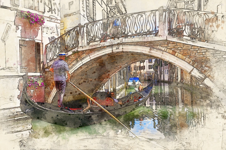 Ilustrasi gondolier memandu gondola di Venesia (gambar: ArtTower Via Pixabay)