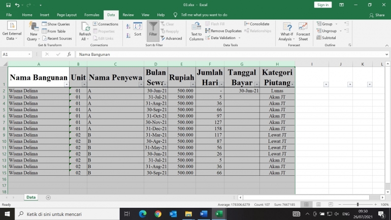 Ilustrasi pengolahan data menggunakan PivotTable (olahan pribadi)