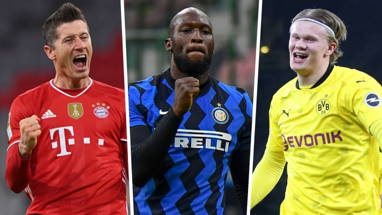 Robert Lewandowski (kiri) Romelu Lukaku dan Erling Haaland tiga striker yang dikaitkan dengan Chelsea (Foto Goal Uk).