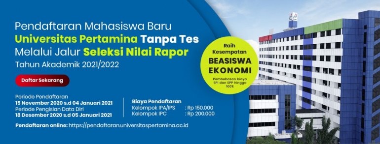 PMB Universitas Pertamina Tanpa Tes Mulalui Jalur Seleksi Nilai Rapor(Sumber: universitaspertamina.ac.id/)