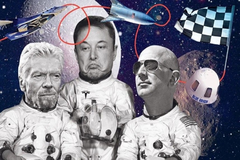 Richard Branson, Elon Musk, dan Jeff Bezos tengah berlomba menaklukkan ruang angkasa dengan pesawatnya masing-masing. | Telegraph UK