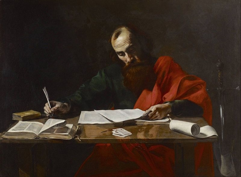Paul Writing His Epistles, painting attributed to Valentin de Boulogne, 17th century (Public Domain)