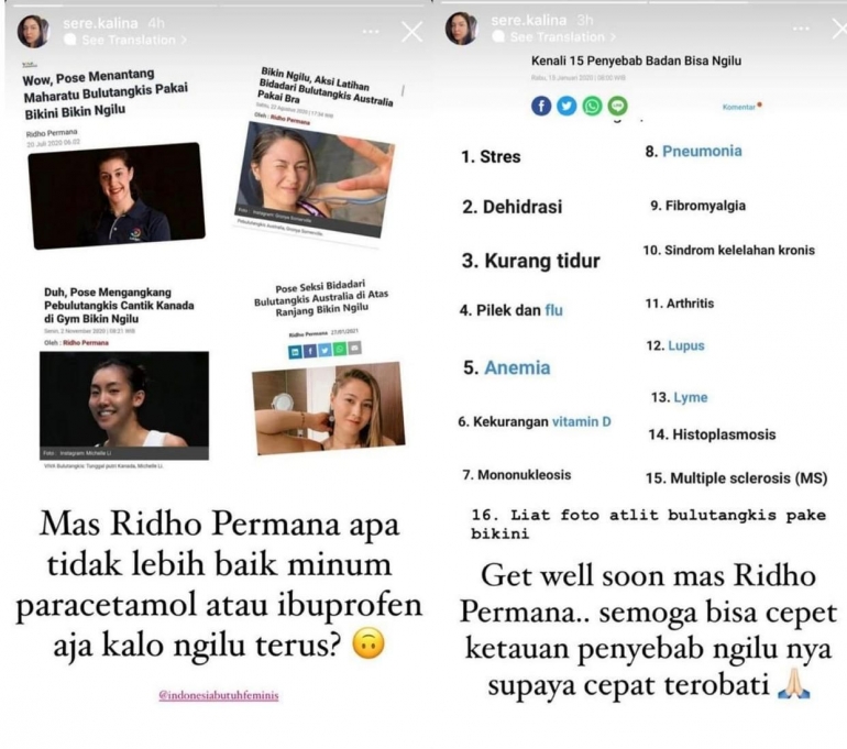 Komentar Sere Kalina dalam instagramnya terhadap Ridho Permana (Foto: Instagram Sere Kalina dalam ngopibareng.co.id)