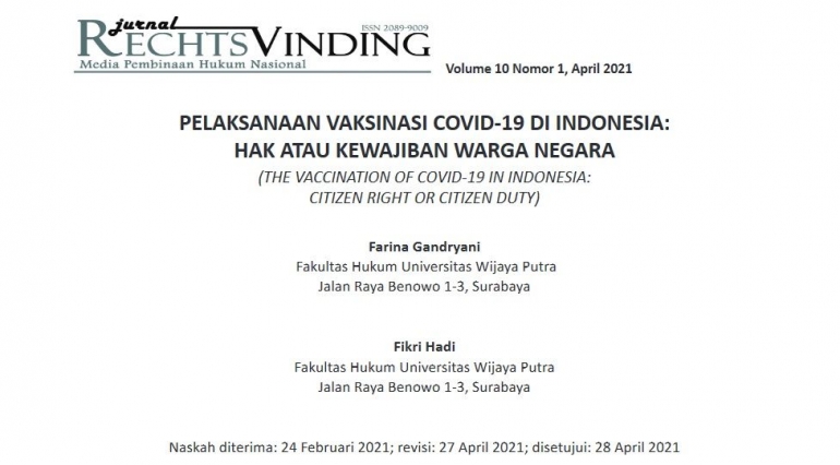 Artikel ilmiah di Jurnal Rechtsvinding Kemenkumham RI tentang vaksinasi COVID-19 di Indonesia. Sumber: Dokumentasi Penulis