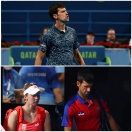 Atas:  Novak Djokovic ngamuk kalah di SF Qatar Terbuka (sindonews.com). Bawah Djokovic dan Stojonavic di Olimpiade Tokyo 2020 (sports.okezone)