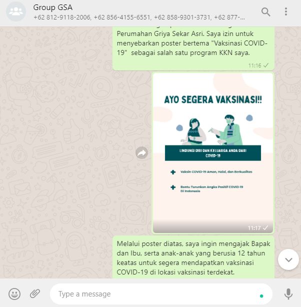 Penyebaran Poster Vaksinasi di WhatsApp Group Perumahan Griya Sekar Asri 