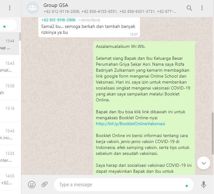 Penyebaran Booklet Online di WhatsApp Group Perumahan Griya Sekar Asri 