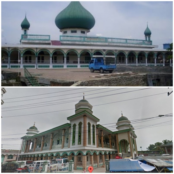 Potret Masjid Raya Miftahul Jannah sebelum dan sesudah direnovasi. (Google Map)