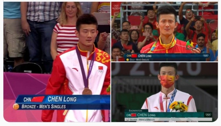 Potret Chen Long dengan tiga medali dalam tiga edisi Olimpiade terakhir: https://twitter.com/BadmintonTalk