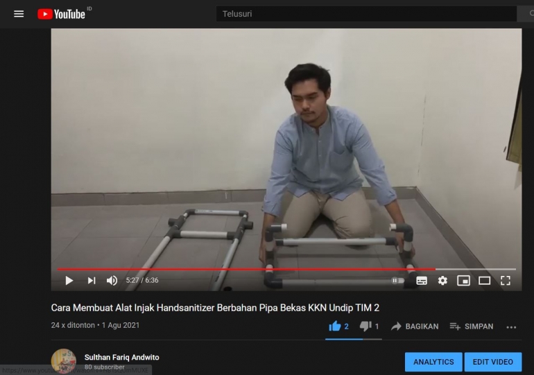Video tutorial Cara Membuat Alat Handsanitizer Injak yang di upload di Youtube/dokpri