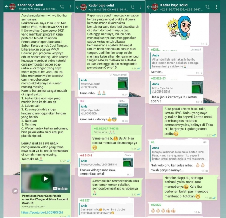 Respon positif dari Ibu-Ibu PKK dalam pelaksanaan program kerja pertama KKN tentang video pembuatan paper soap yang di share di WAG Kader Bajo Solid/Dokpri