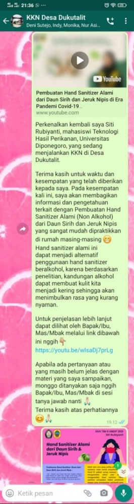 Pelaksanaan sosialisasi dan pelatihan 1 (Pembuatan Hand Sanitizer Alami dari Daun Sirih dan Jeruk Nipis dengan Mudah dan Efektif)/dokpri